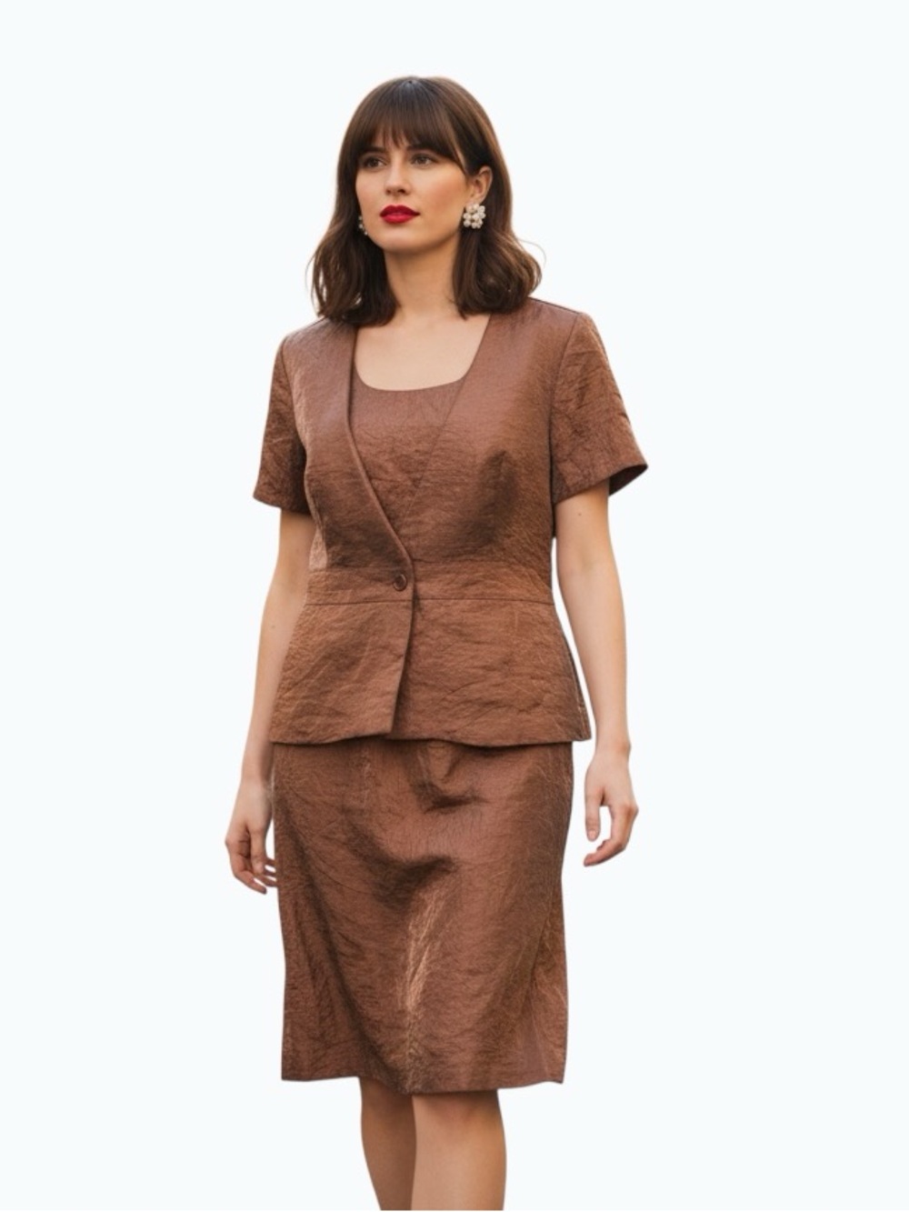 VTG Jolibel Jacket & Dress Set Brown Textured Mid Century Style Size 16